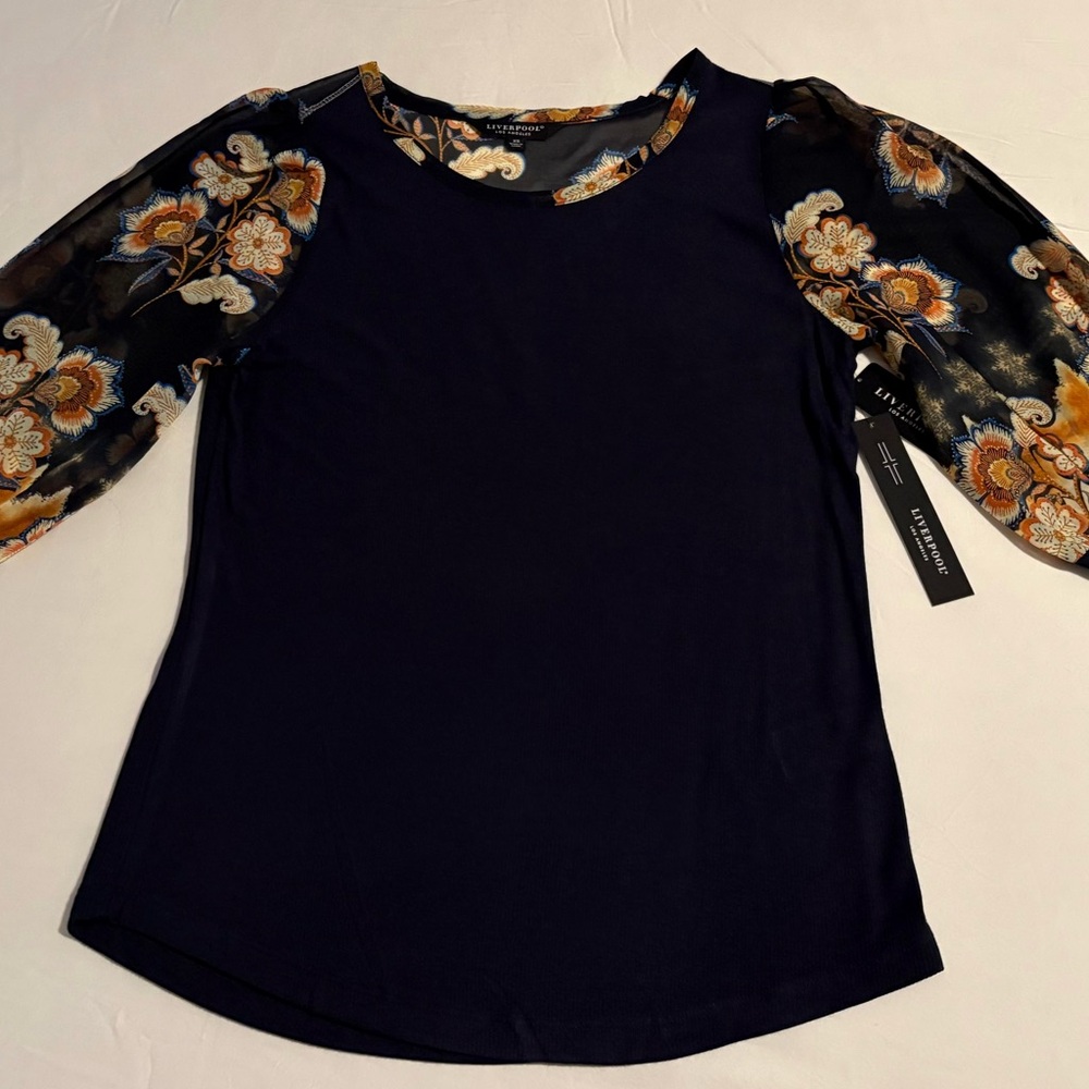 Liverpool Navy Blouse with Floral Sleeves